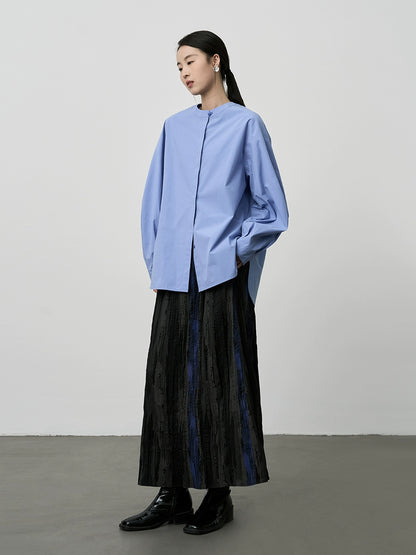 [Esmalte azul] Falda de contraste a rayas con temperamento artístico de CAREMIND, falda larga con pliegues y cintura alta de otoño 