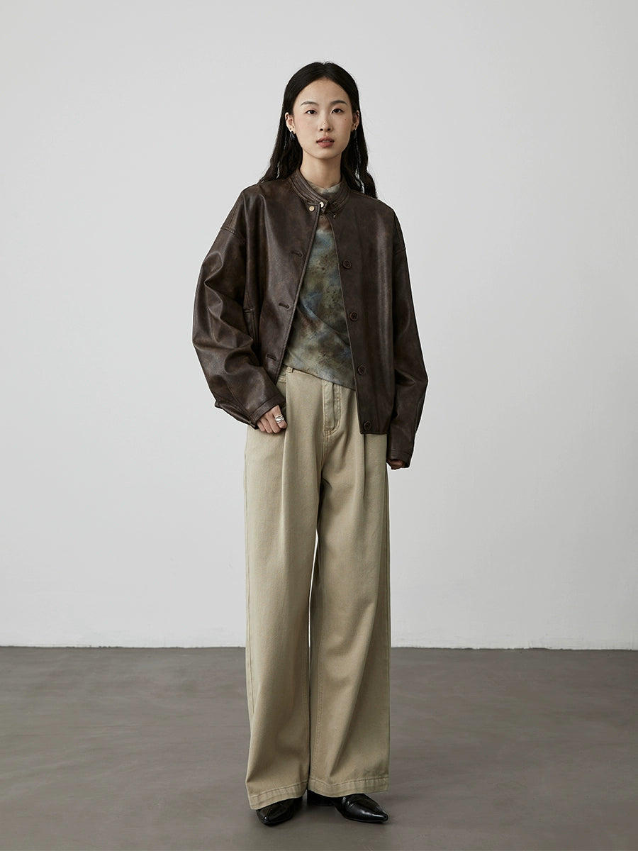 CAREMIND Chaqueta de cuero negra de temperamento retro estilo Hong Kong 2024 nueva chaqueta de cuero con silueta de agua de lavado superior simple 