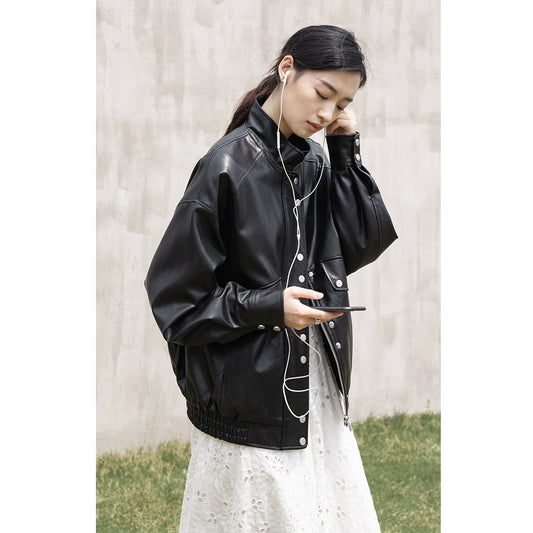 [Oferta especial por tiempo limitado] Chaqueta de cuero PU CAREMIND para mujer, chaqueta corta con cuello alto retro negra original de otoño