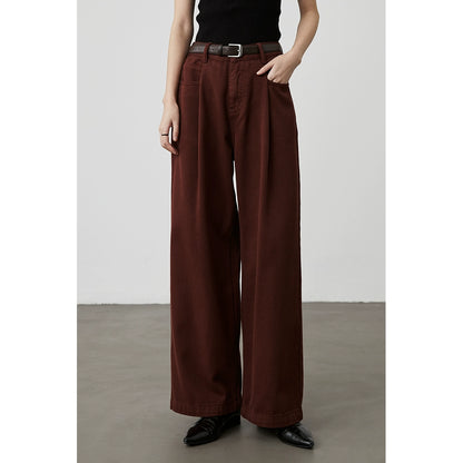 [Street Slack] CAREMIND retro dark red high-waisted jeans autumn new straight drape thin pants