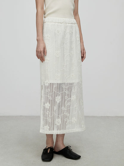 [Falda de flores] Falda de temperamento intelectual CAREMIND, diseño de patrón de industria pesada con bordado de encaje, falda mediana y larga 