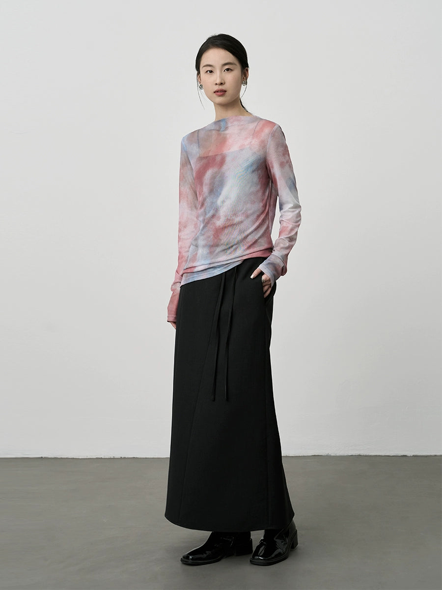 Chemise CAREMIND en maille fine rose et bleu, imprimée tie-dye, à changement progressif, design irrégulier