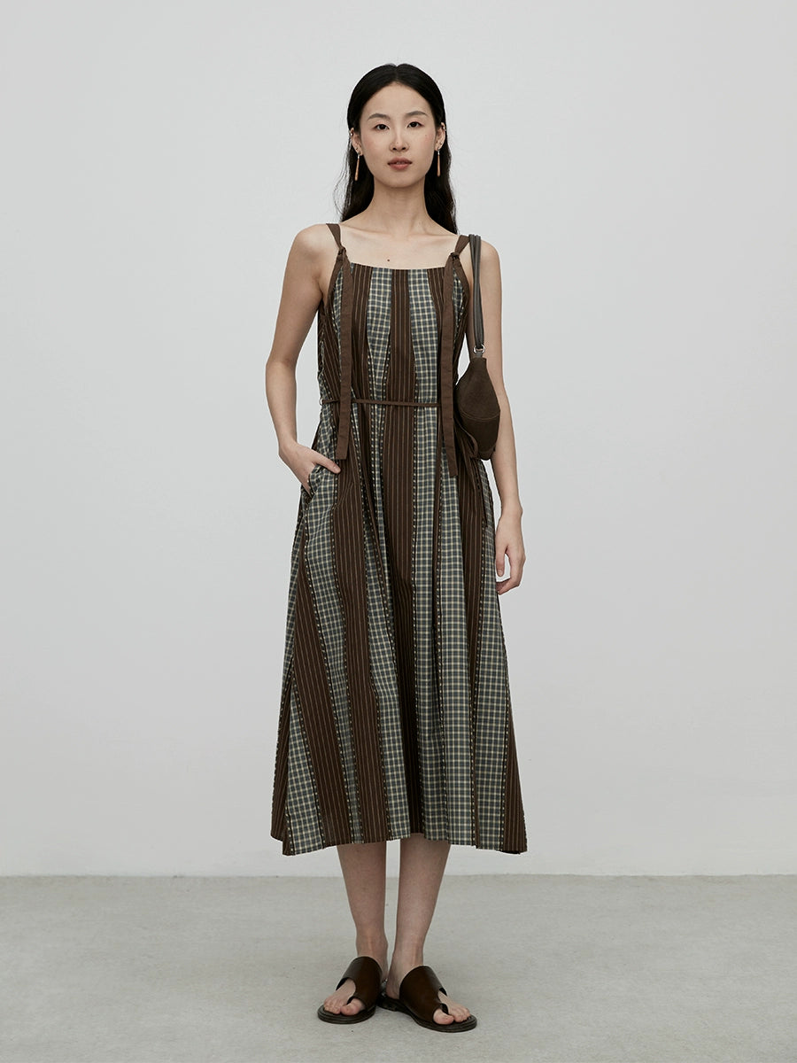 [Sunset Forest] CAREMIND personalized splicing plaid suspender dress Hong Kong style chic medium and long dress children