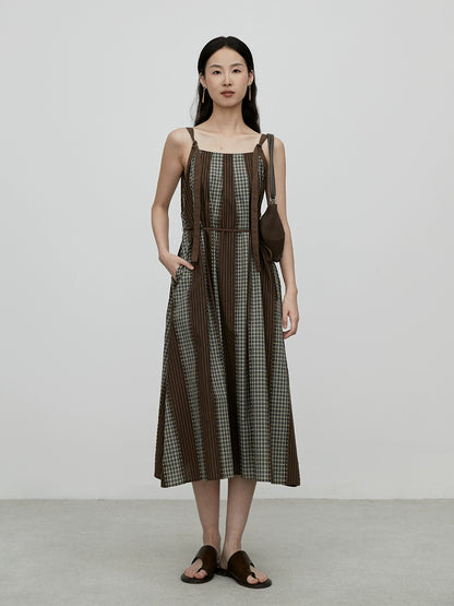 [Sunset Forest] CAREMIND personalized splicing plaid suspender dress Hong Kong style chic medium and long dress children