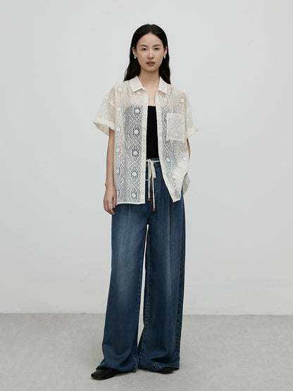 [Vaqueros claros] Pantalones vaqueros rectos de tencel cómodos y azules de CAREMIND, pantalones anchos y altos con fruncido 