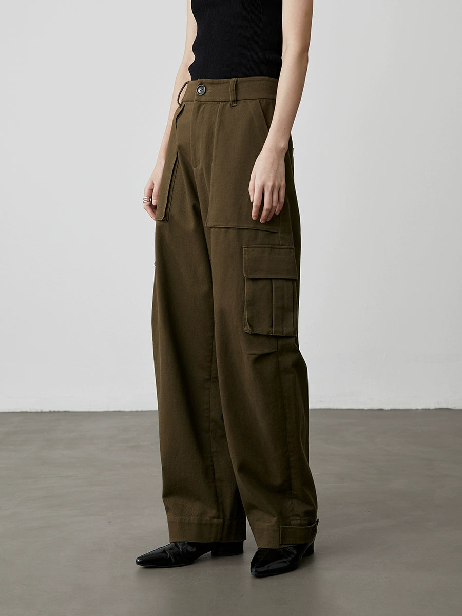 [City Tooling] Pantalones de trabajo holgados y rectos color verde oliva CAREMIND para mujer, de cintura alta, con múltiples bolsillos y pernera ancha 