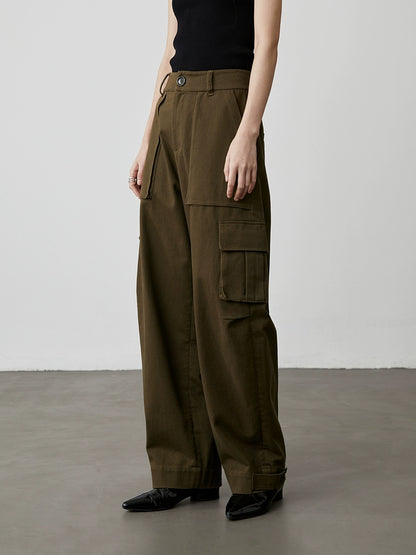 [City Tooling] Pantalones de trabajo holgados y rectos color verde oliva CAREMIND para mujer, de cintura alta, con múltiples bolsillos y pernera ancha 