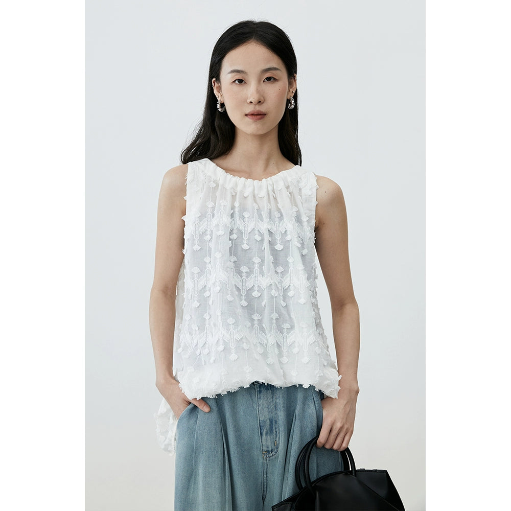 [Diente de león] CAREMIND Chic Jacquard Bordado Blanco Sin Mangas Cuello Flecos Top Mujer Nuevo 