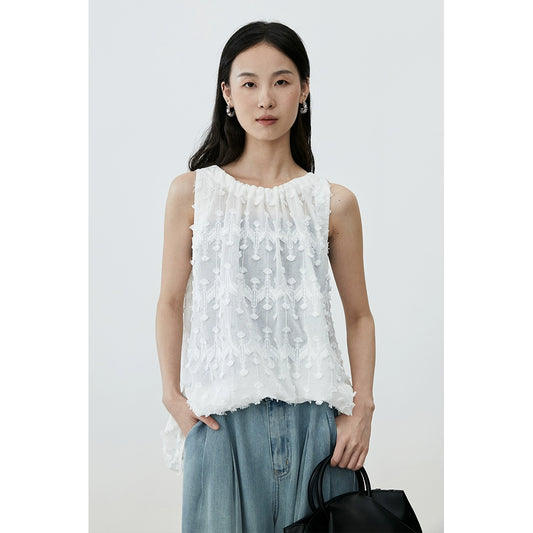 [Diente de león] CAREMIND Chic Jacquard Bordado Blanco Sin Mangas Cuello Flecos Top Mujer Nuevo 