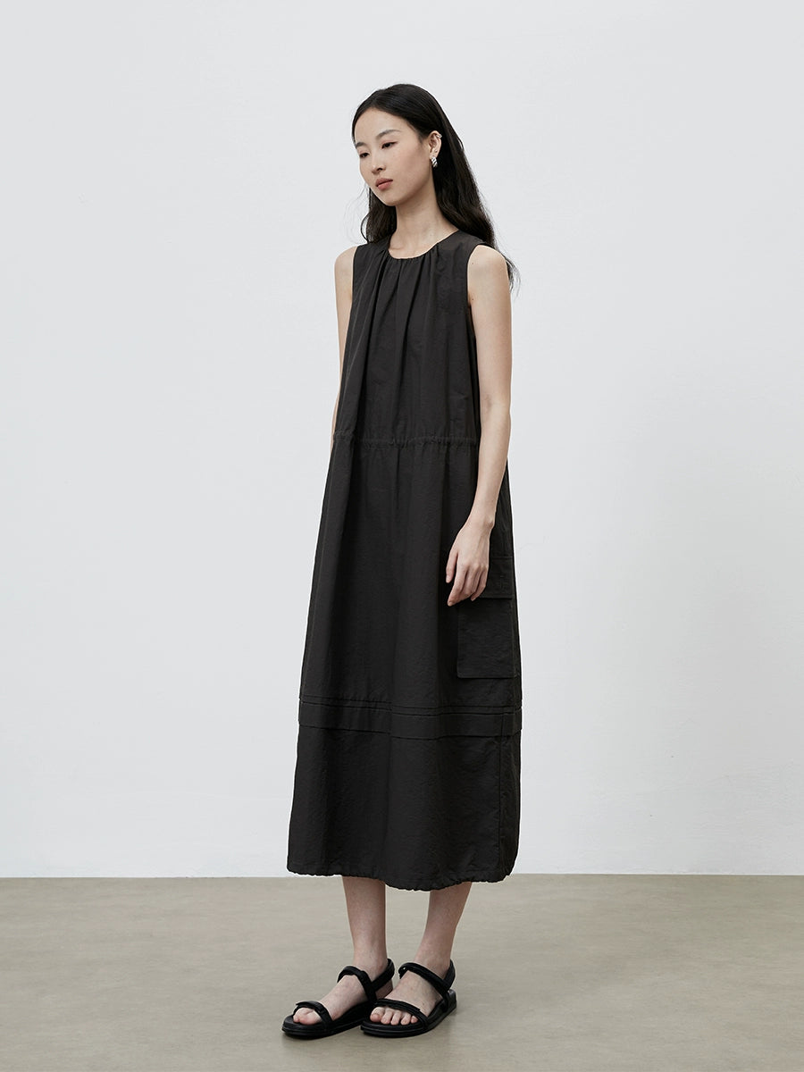 [Traveler] CAREMIND Simple dark gray green sleeveless dress tooling drawstring loose vest skirt