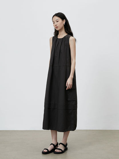 [Traveler] CAREMIND Simple dark gray green sleeveless dress tooling drawstring loose vest skirt