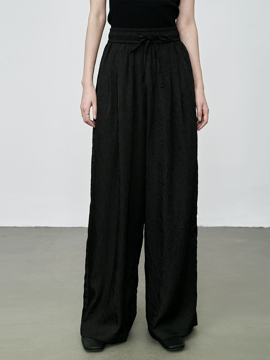 Pantalones anchos con textura y cintura alta con elástico prensado de CAREMIND Pantalones rectos holgados y ajustados 