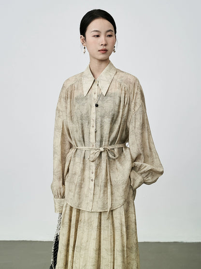 Conjunto chino nuevo CAREMIND 2024, conjunto de dos piezas con camisa y falda plisada con estampado de bambú retro 