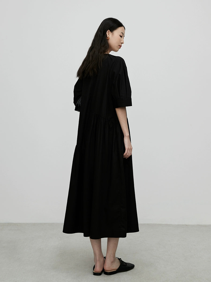 [Thinning shadow small black dress] CAREMIND black minimalist dress round neck pleated Hepburn style thin skirt