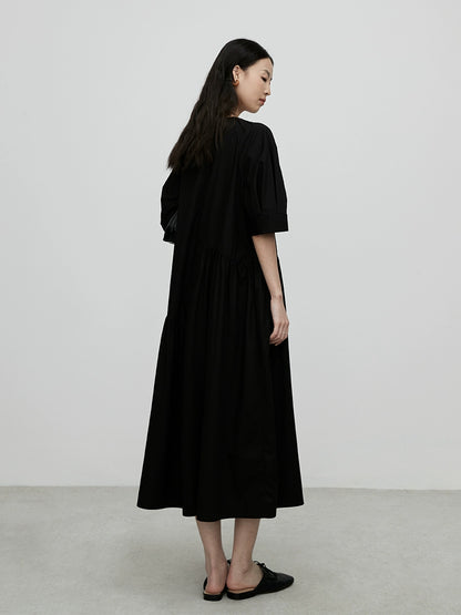 [Thinning shadow small black dress] CAREMIND black minimalist dress round neck pleated Hepburn style thin skirt