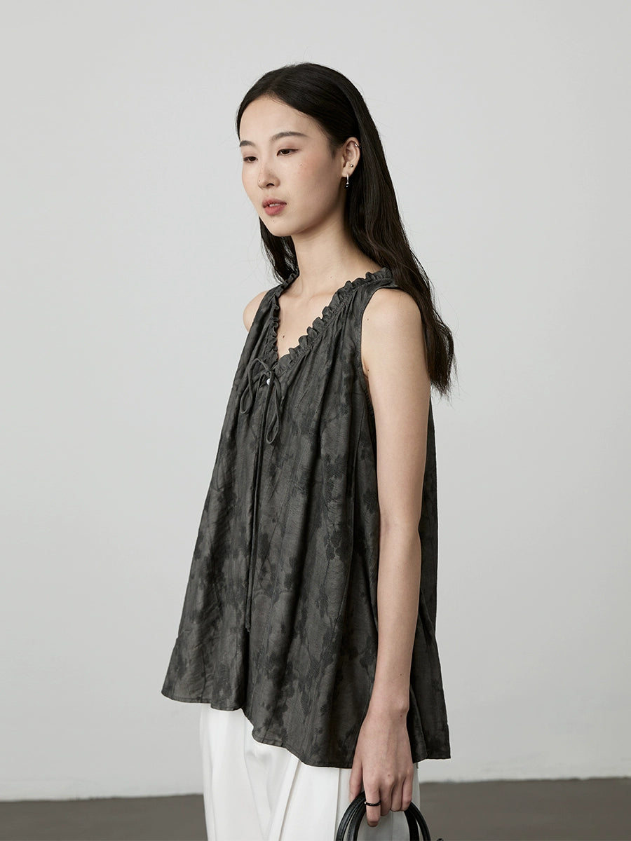 [Natsuki Chang] Camiseta sin mangas con borde de hongo francés CAREMIND, camisa casual holgada retro china para mujer 