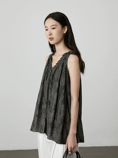 [Natsuki Chang] Camiseta sin mangas con borde de hongo francés CAREMIND, camisa casual holgada retro china para mujer 
