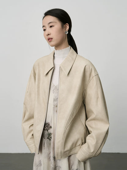 CAREMIND Chaqueta corta elegante de PU para motocicleta en color blanco roto Chaqueta de cuero versátil para primavera y otoño Ropa para mujer 