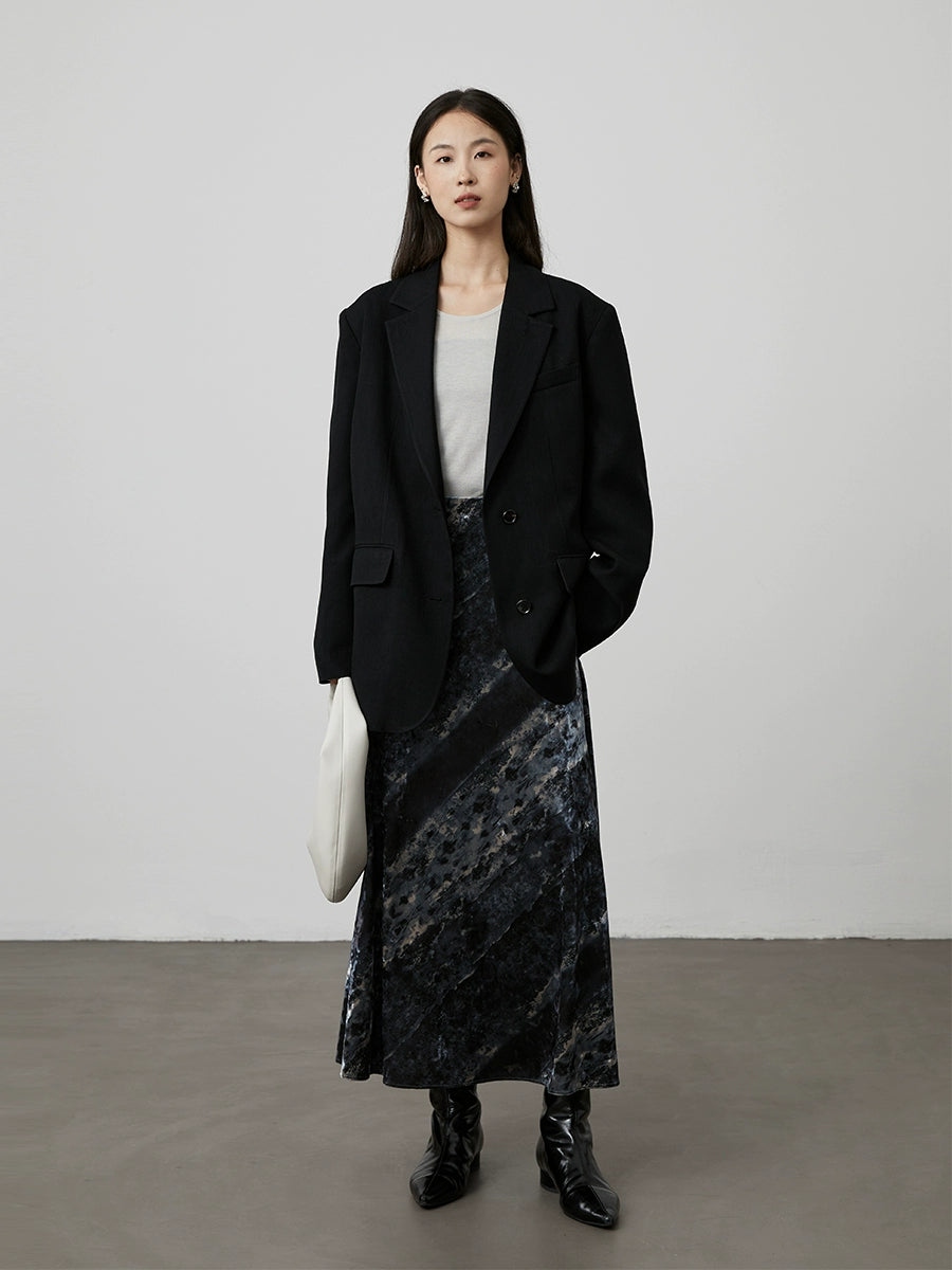 [Playa negra] Falda con textura de color contrastante de terciopelo azul niebla de CAREMIND Falda ajustada de cintura alta francesa con palabra A para mujer 