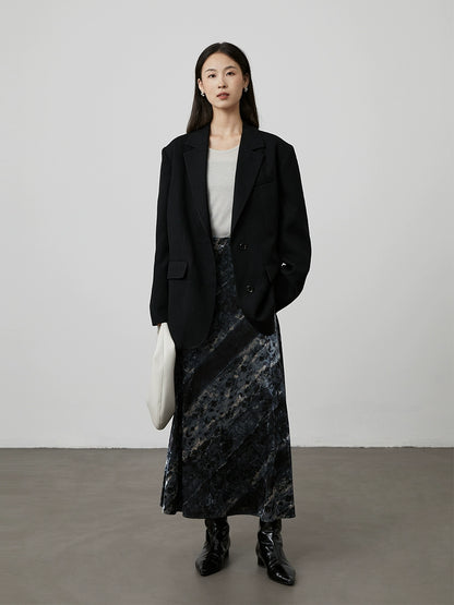 [Playa negra] Falda con textura de color contrastante de terciopelo azul niebla de CAREMIND Falda ajustada de cintura alta francesa con palabra A para mujer 