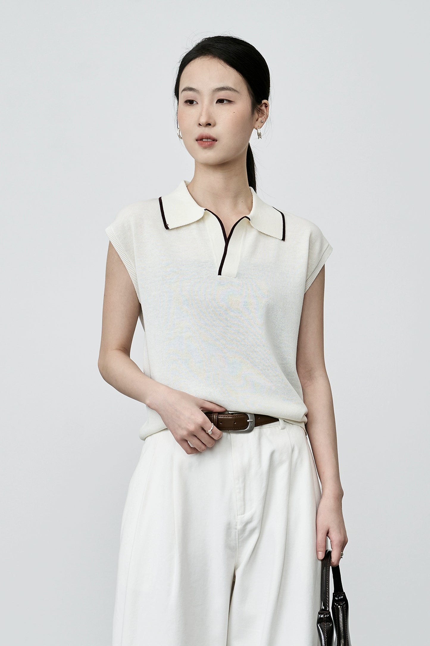 CAREMIND Chaleco tipo polo intelectual de color blanco albaricoque, chaleco elegante con temperamento, suéter de punto con solapa para mujer 