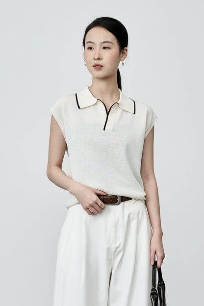 CAREMIND Chaleco tipo polo intelectual de color blanco albaricoque, chaleco elegante con temperamento, suéter de punto con solapa para mujer 