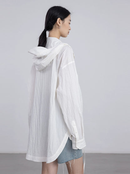 [Oferta por tiempo limitado] Chaqueta tipo cárdigan con capucha y cordón fino para mujer, holgada, a la moda, color blanco, con protección solar 