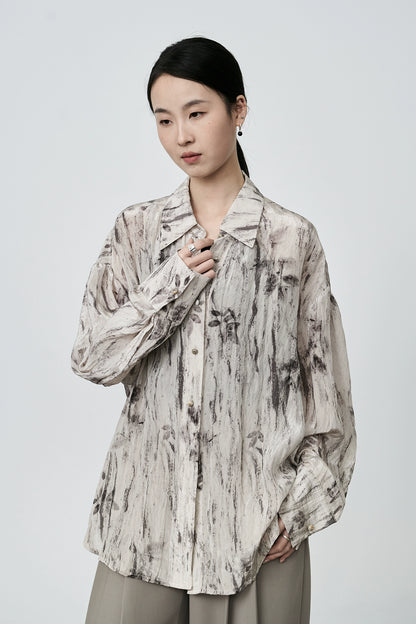 Camisa con pintura de tinta CAREMIND estilo nacional con manchas, manga larga, chaqueta superior de seda ligera para mujer estilo Hong Kong, marea 