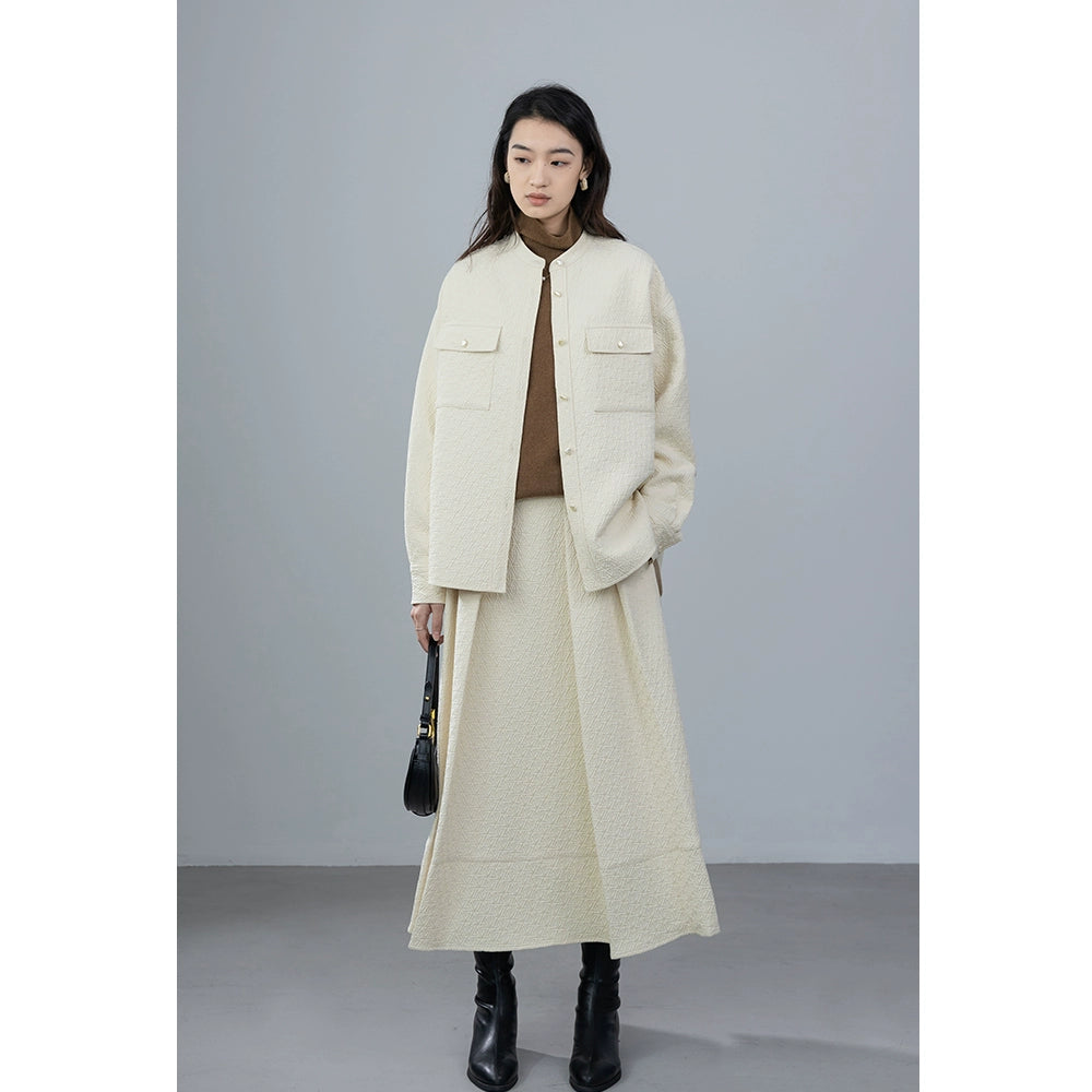 [Oferta por tiempo limitado] Conjunto de chaqueta y falda plisada con doble bolsillo y estampado en relieve para mujer de CAREMIND 