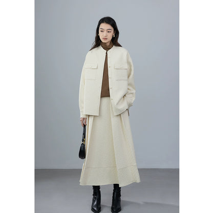 [Oferta por tiempo limitado] Conjunto de chaqueta y falda plisada con doble bolsillo y estampado en relieve para mujer de CAREMIND 