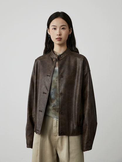 CAREMIND Chaqueta de cuero negra de temperamento retro estilo Hong Kong 2024 nueva chaqueta de cuero con silueta de agua de lavado superior simple 