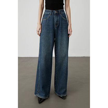 Pantalones vaqueros rectos azules lavados de principios de otoño de CAREMIND, pantalones casuales de pierna ancha, altos y delgados y versátiles 