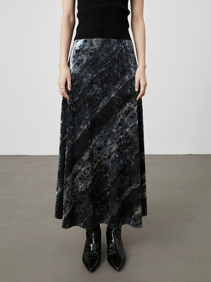 [Playa negra] Falda con textura de color contrastante de terciopelo azul niebla de CAREMIND Falda ajustada de cintura alta francesa con palabra A para mujer 