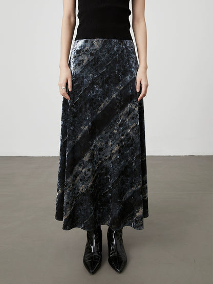 [Playa negra] Falda con textura de color contrastante de terciopelo azul niebla de CAREMIND Falda ajustada de cintura alta francesa con palabra A para mujer 