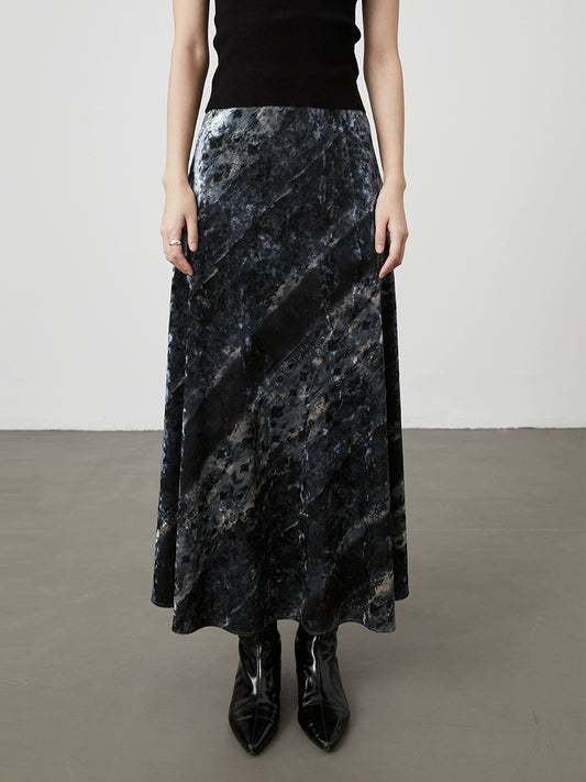 [Playa negra] Falda con textura de color contrastante de terciopelo azul niebla de CAREMIND Falda ajustada de cintura alta francesa con palabra A para mujer 