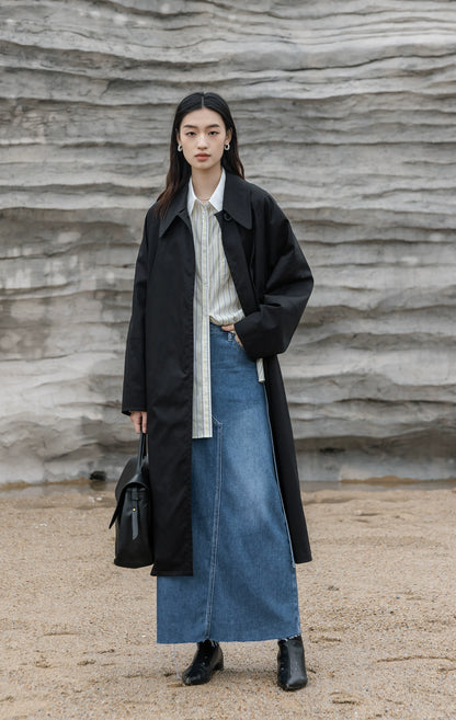 CAREMIND 24SS [Gabardina negra ideal] Diseño de nicho, gabardina negra pura mediana y larga para mujer 24 otoño 