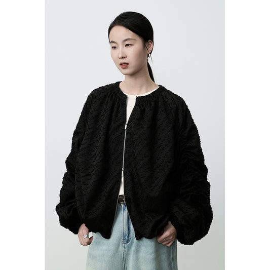 CAREMIND Nueva chaqueta corta de jacquard chino para mujer, chaqueta de béisbol negra con cremallera, cárdigan superior 