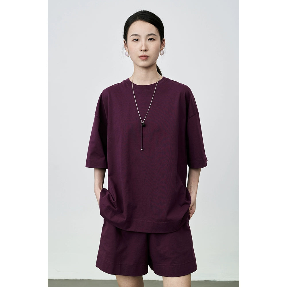 Conjunto de dos piezas de camiseta de algodón ajustada informal de verano con pantalón de cinco puntos y color morado ahumado de CAREMIND 