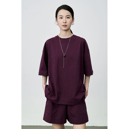 Conjunto de dos piezas de camiseta de algodón ajustada informal de verano con pantalón de cinco puntos y color morado ahumado de CAREMIND 