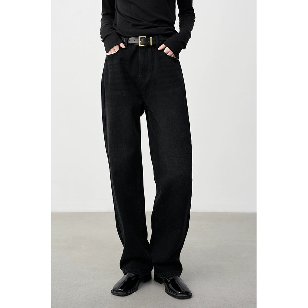 [Oferta especial por tiempo limitado] Pantalones vaqueros de cintura alta, que cubren la carne y delgados y rectos, pantalones de versión estrecha en negro carbono elegantes con cuerpo en forma de pera 