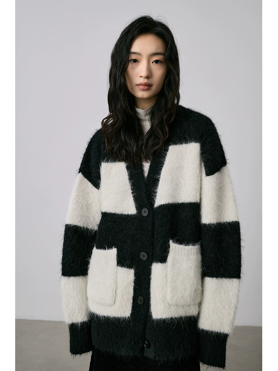 Suéter de alpaca CAREMIND con rayas en contraste en blanco y negro, abrigo térmico, chaqueta tipo cárdigan de felpa suave 