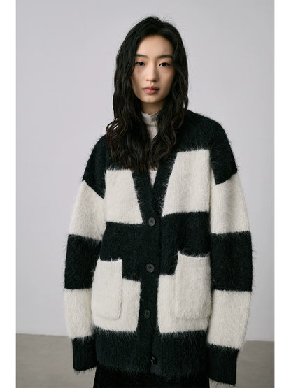 Suéter de alpaca CAREMIND con rayas en contraste en blanco y negro, abrigo térmico, chaqueta tipo cárdigan de felpa suave 