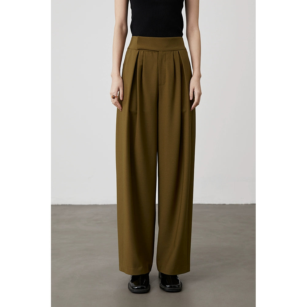 [Couleur de base naturelle] Pantalon décontracté drapé taille haute vert olive CAREMIND pour femme, pantalon large polyvalent ample et fin
