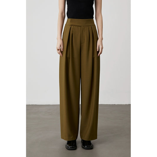 [Color base natural] Pantalones casuales de cintura alta drapeados de color verde oliva CAREMIND, pantalones anchos versátiles, sueltos y delgados para mujer 