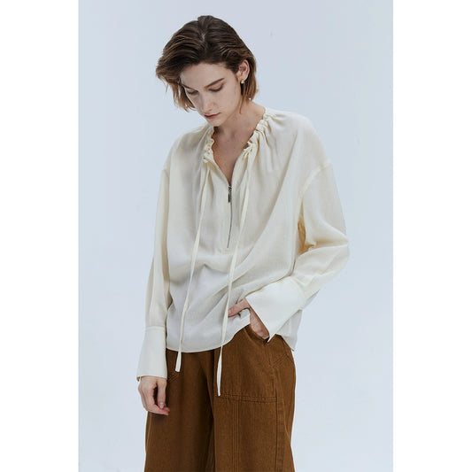 [Oferta especial por tiempo limitado] Camisa con cordón y cierre de cremallera semitransparente de ácido acético ligera y fina para mujer, diseño plisado, para uso informal 