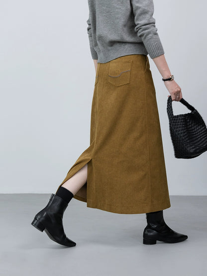 Falda retro CAREMIND que cubre la carne, falda mediana y larga de pana color jengibre para mujer 