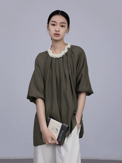 Camisa de cuello de pétalo tridimensional de industria pesada única de estilo extranjero de CAREMIND, camisa hermosa simple de manga media, nueva primavera 