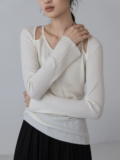 [Oferta por tiempo limitado] Suéter de punto con hombros descubiertos y curvado de primavera acogedor para mujer Premium Sense Saddle Spring Brown Upper 