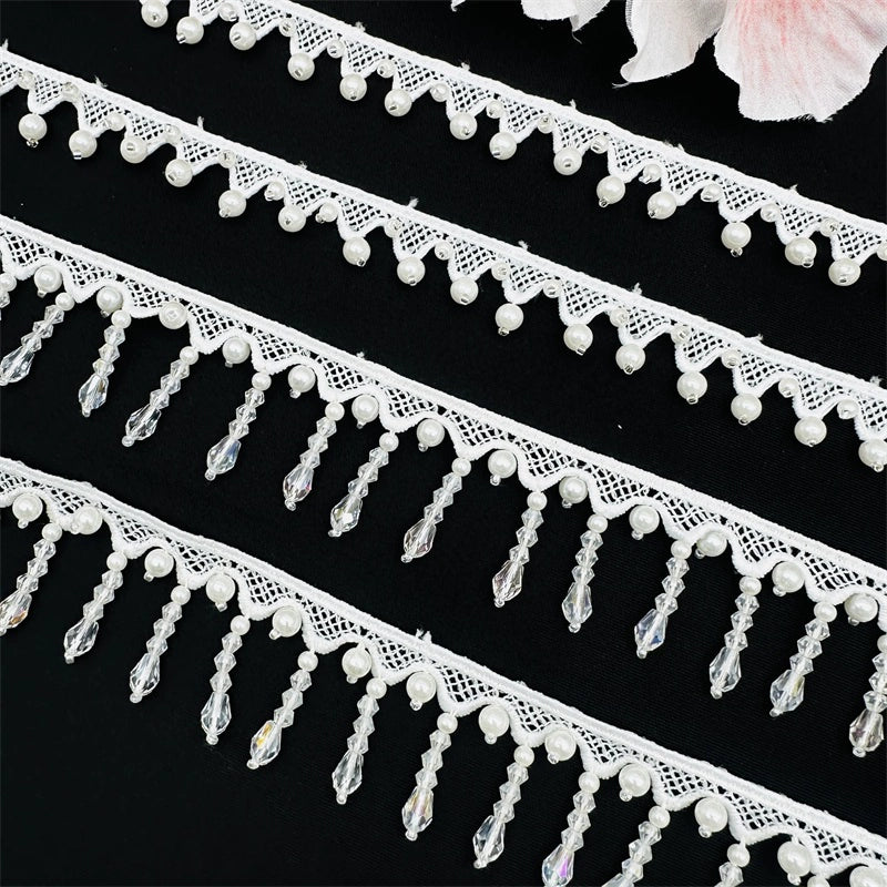 3702 Exquisitos accesorios de encaje con flecos y cuentas blancas, cortinas decorativas para ropa DIY, falda Hanfu, tocado de boda, colgante