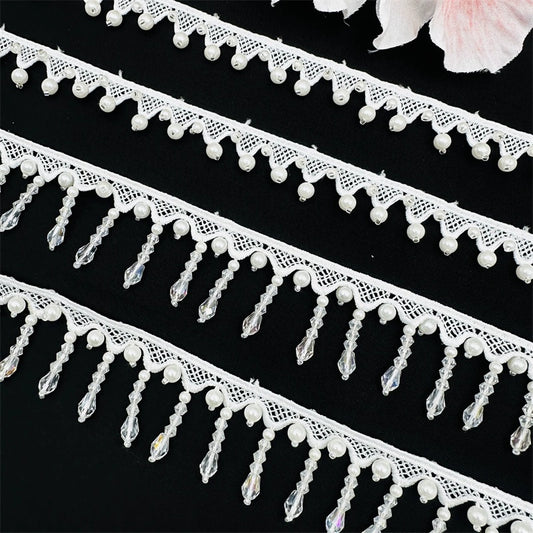 3702 Exquisitos accesorios de encaje con flecos y cuentas blancas, cortinas decorativas para ropa DIY, falda Hanfu, tocado de boda, colgante